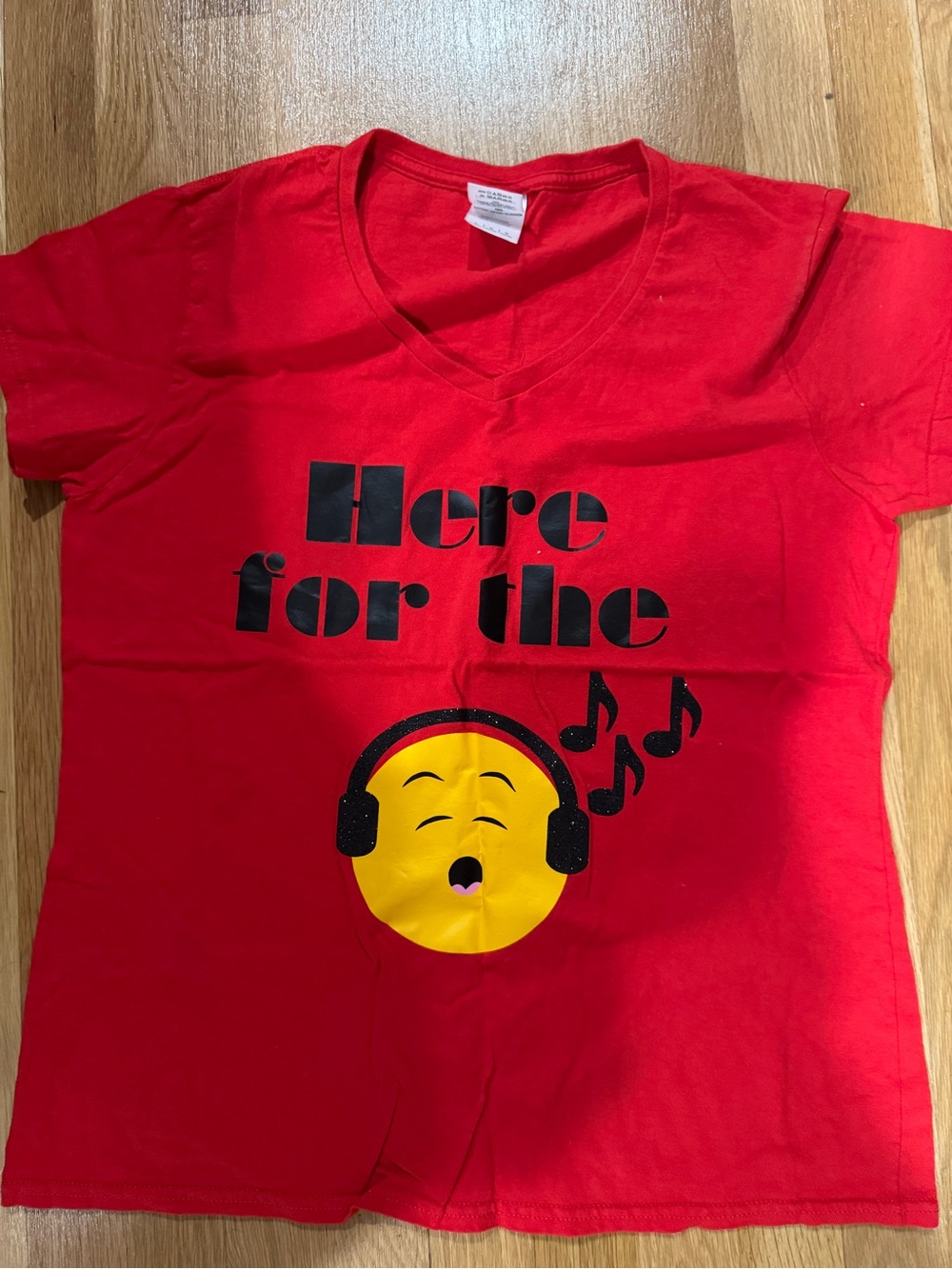 Gildan Red V-Neck Tee with Yellow Music Emoji Graphic